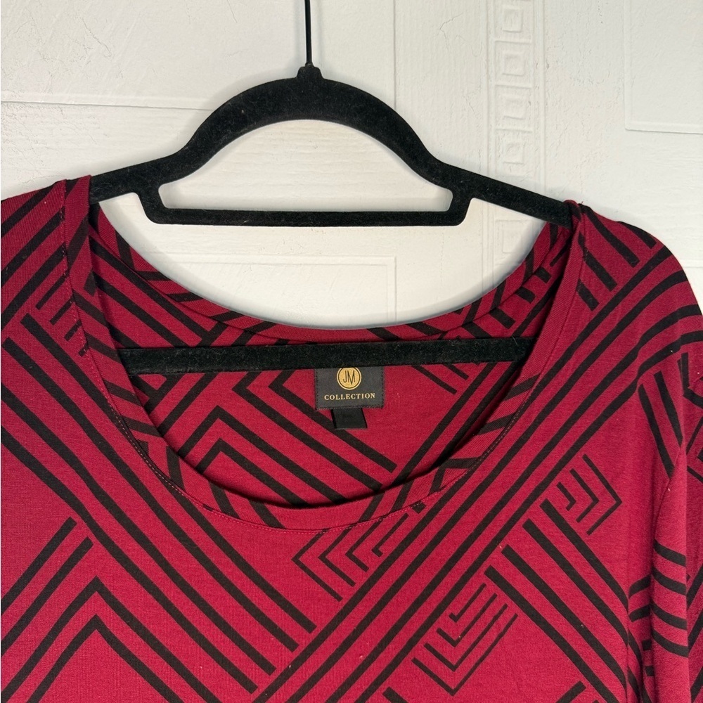 JM Collection Top Womens XXL Burgundy Black Geometric 3/4 Sleeve Tunic - Picture 2 of 12